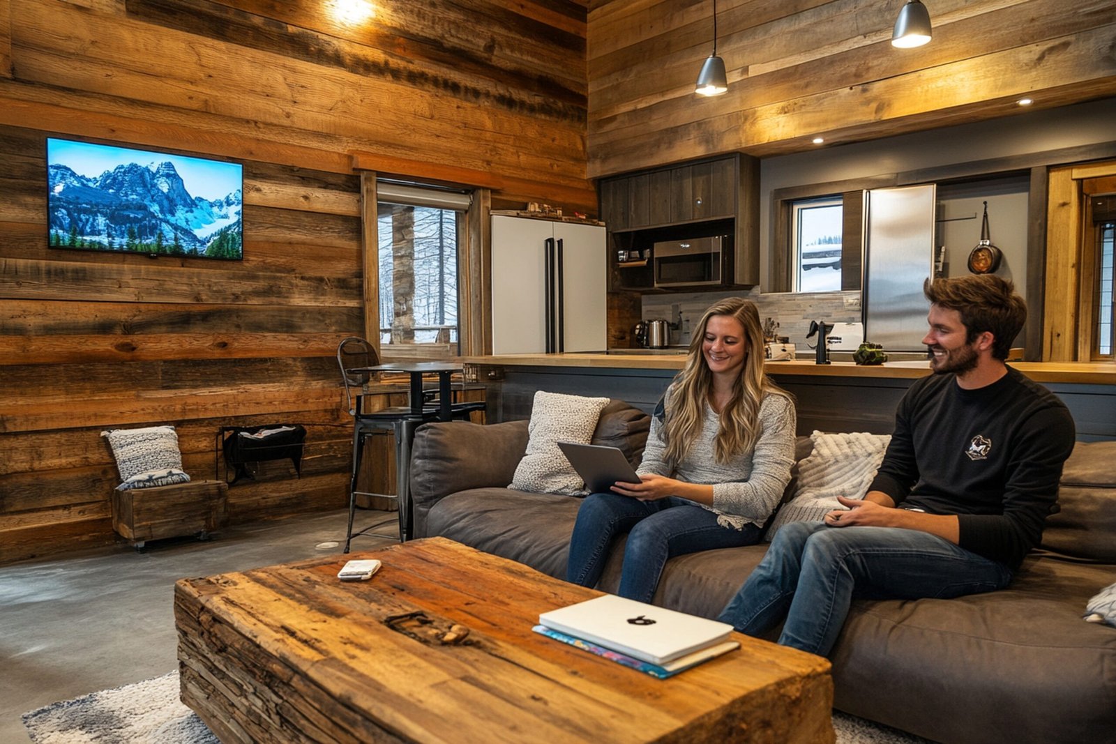 financial advisor consulting with client cozy cabin retreat