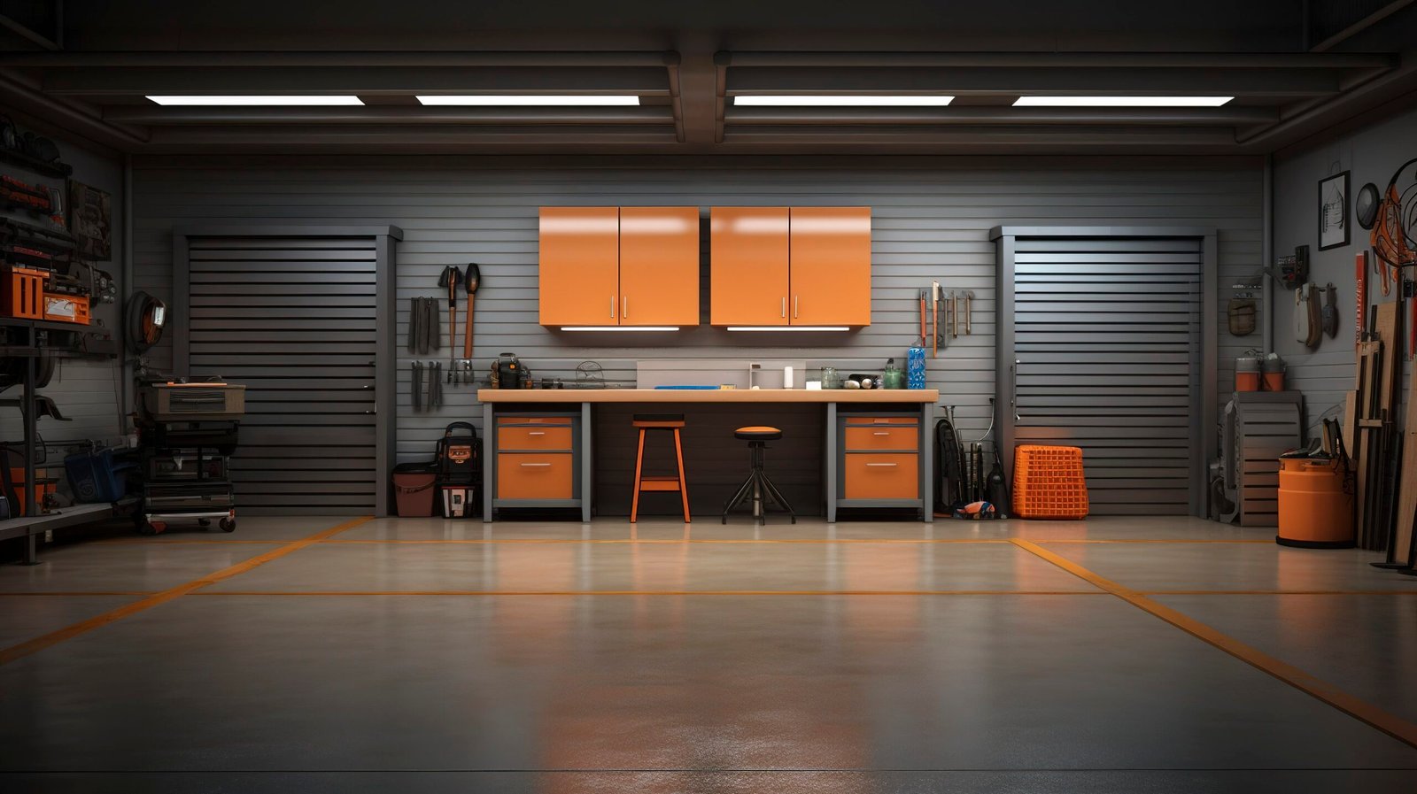 A photo of a clean and organized garage with no people.