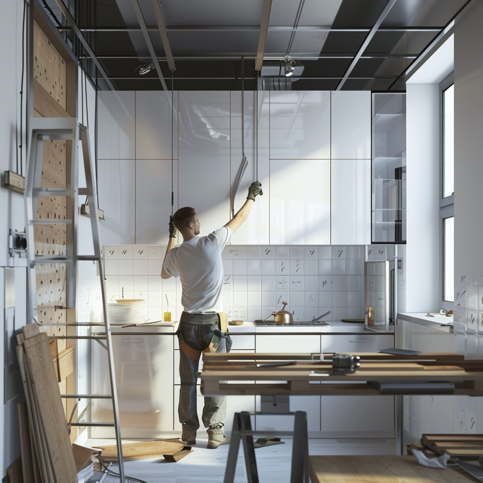 plasterboard worker installs plasterboard wall kitchen cabinets