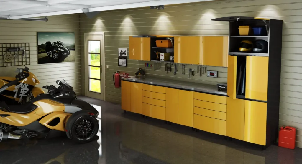 A stylish garage with yellow cabinets, tools, and a yellow motorcycle.